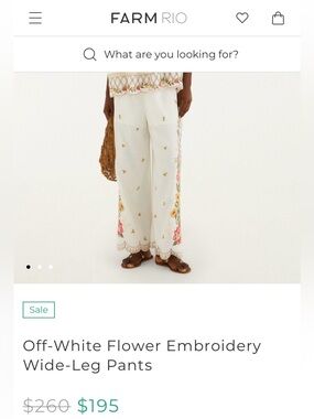 FARM RIO Off-White Wide-Leg Linen Pants with Pink & Yellow Floral Embroidery